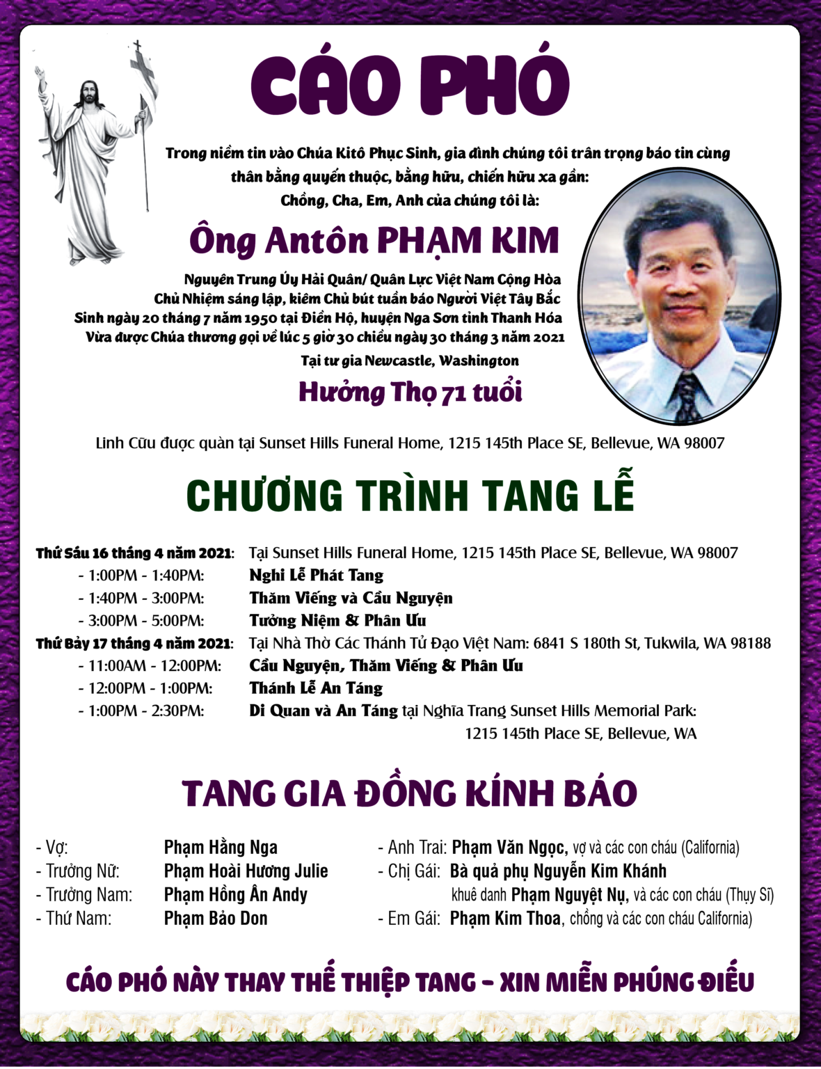 Cáo Phó Ông Phạm Kim NW Vietnamese News